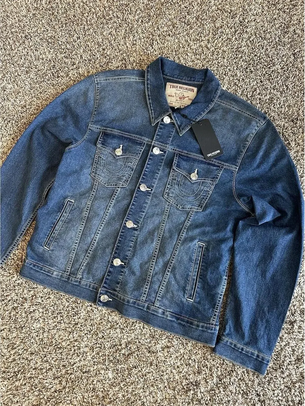 True Religion Denim Trucker Jacket Men's Blue Medium Flake New Size Large $159